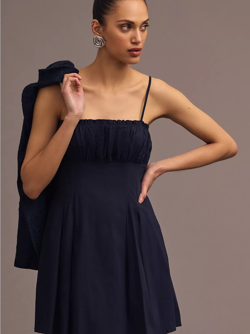 Maeve Navy Ruched Bodice Spaghetti-Strap Mini Dress